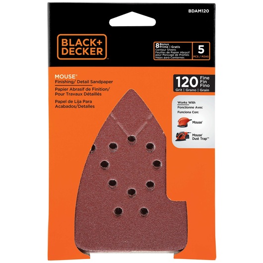 Black and decker 120 gram mouse sandpaper 5 pack in packaging.
